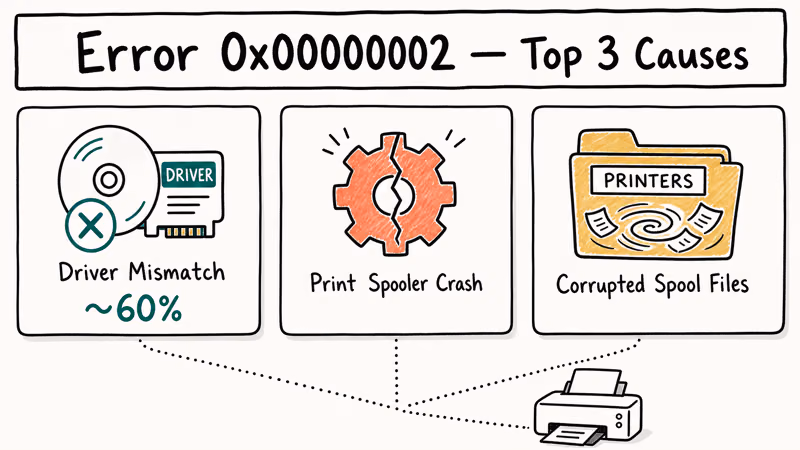 Infographic showing three root causes of Windows error 0x00000002 with driver, spooler, and spool icons.