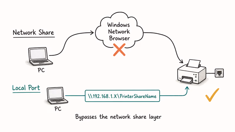 Diagram comparing failing share route with direct IP local port printer path
