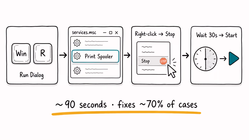 Hand-drawn four-step flowchart for restarting the Windows Print Spooler service through services.msc.