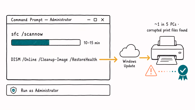 Command Prompt illustration showing SFC scan followed by DISM repair pulling files from Windows Update.