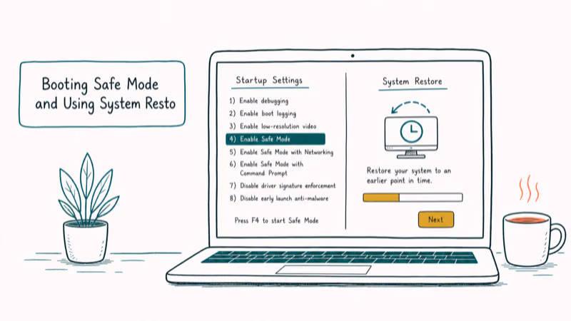 Hand-drawn illustration: Booting Safe Mode and Using System Restore