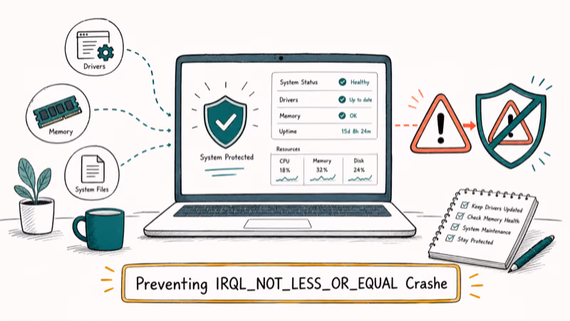 Hand-drawn illustration: Preventing IRQL_NOT_LESS_OR_EQUAL Crashes