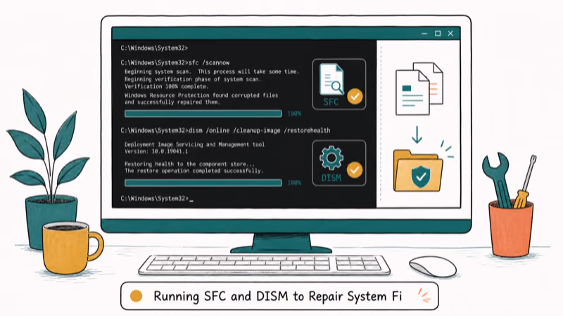 Hand-drawn illustration: Running SFC and DISM to Repair System Files