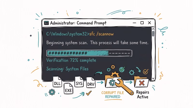 Hand-drawn illustration of Windows command prompt running SFC scan with repair icons