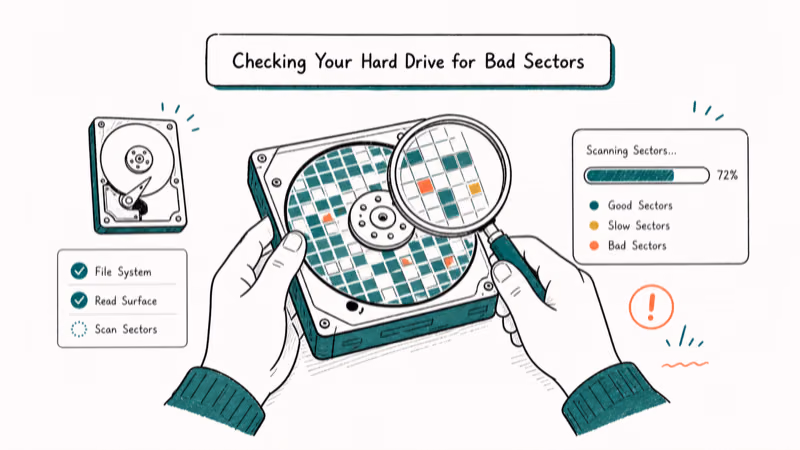 Hand-drawn illustration: Checking Your Hard Drive for Bad Sectors