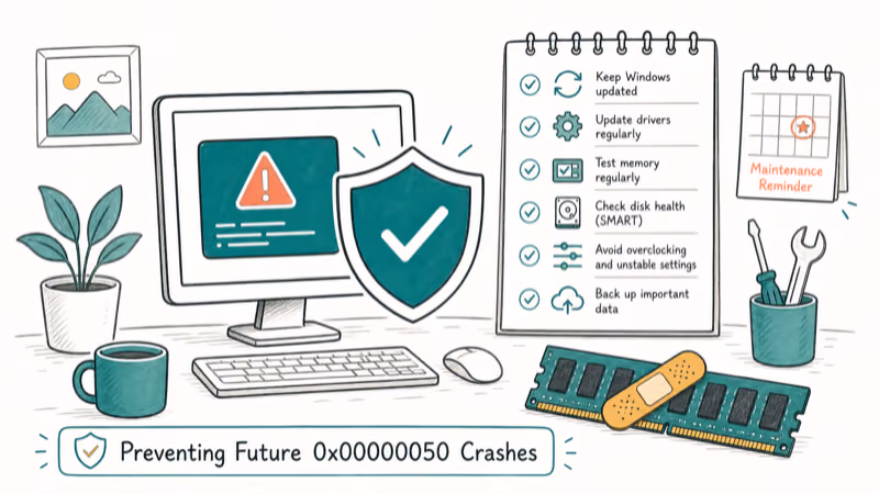 Hand-drawn illustration: Preventing Future 0x00000050 Crashes
