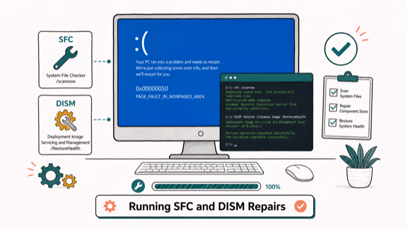 Hand-drawn illustration: Running SFC and DISM Repairs