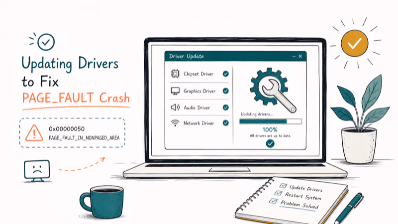 Hand-drawn illustration: Updating Drivers to Fix PAGE_FAULT Crashes