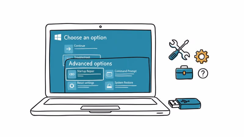 Hand-drawn illustration of Windows recovery environment with Startup Repair option and USB drive