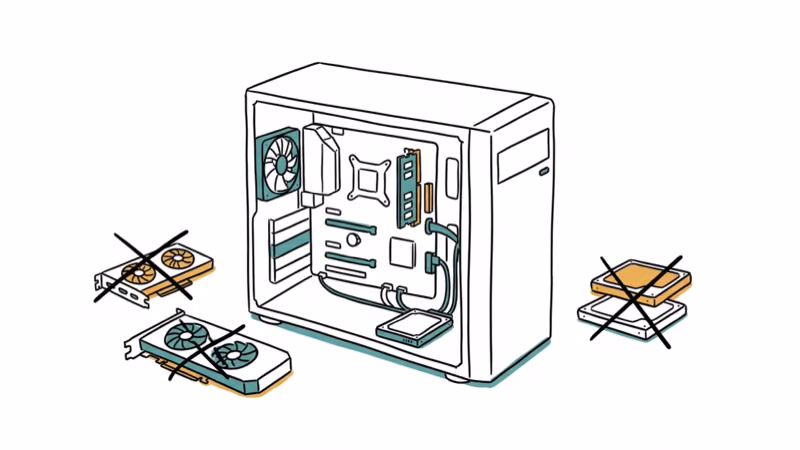 Hand-drawn illustration of open PC case with minimal hardware configuration and disconnected components
