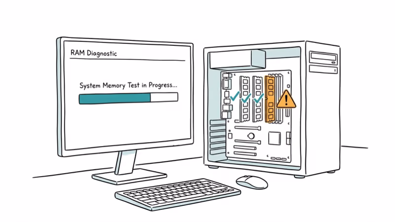Hand-drawn illustration of desktop computer running Windows Memory Diagnostic on RAM modules