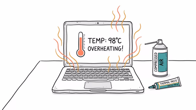 Hand-drawn illustration of overheating laptop with thermometer showing high temperature and cooling tools