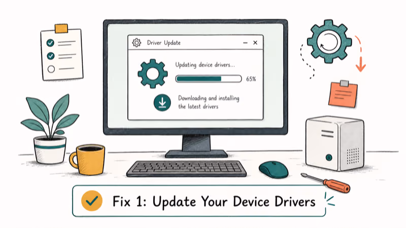 Hand-drawn illustration: Fix 1: Update Your Device Drivers