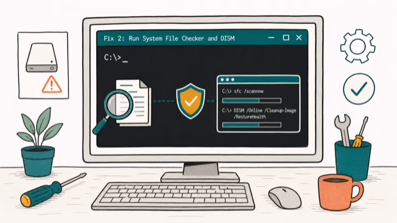 Hand-drawn illustration: Fix 2: Run System File Checker and DISM