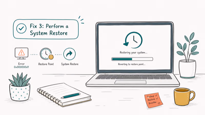 Hand-drawn illustration: Fix 3: Perform a System Restore