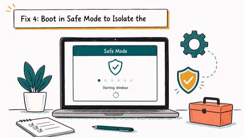 Hand-drawn illustration: Fix 4: Boot in Safe Mode to Isolate the Problem