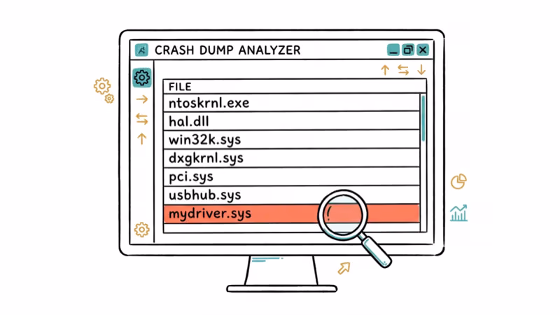 Hand-drawn illustration of crash dump analysis tool examining driver files with magnifying glass