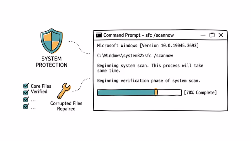 Hand-drawn illustration of Windows command prompt running SFC scan with system protection shield