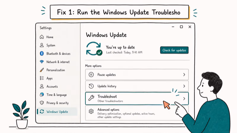 Hand-drawn illustration: Fix 1: Run the Windows Update Troubleshooter