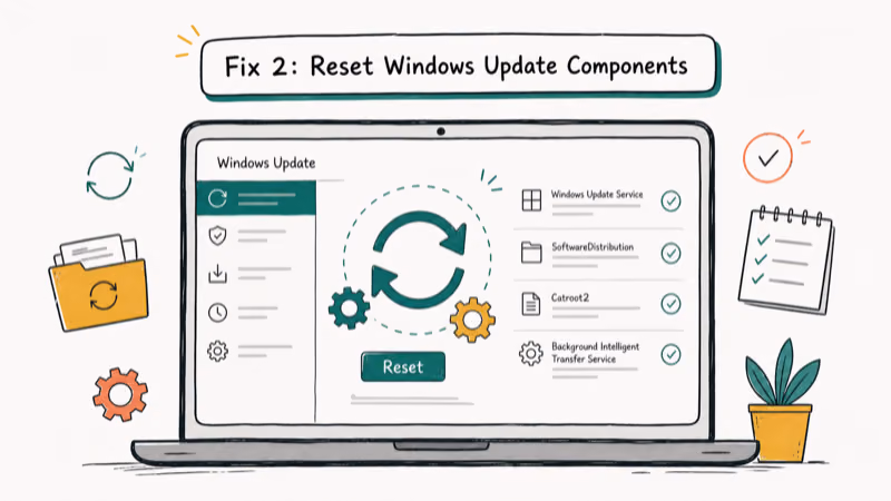 Hand-drawn illustration: Fix 2: Reset Windows Update Components