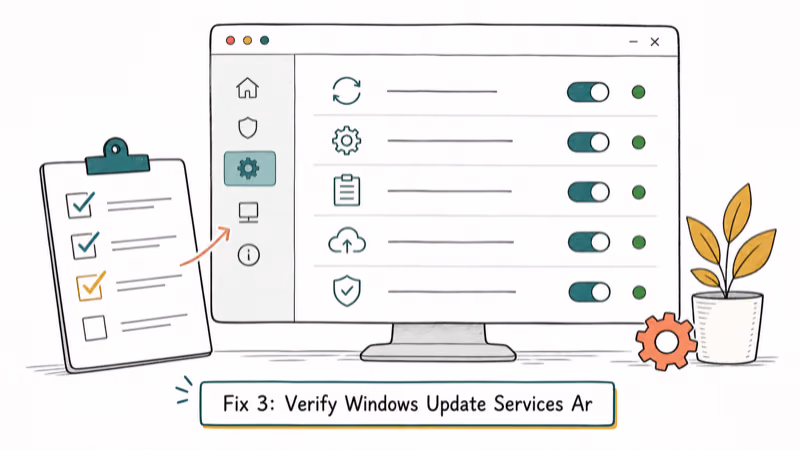 Hand-drawn illustration: Fix 3: Verify Windows Update Services Are Running