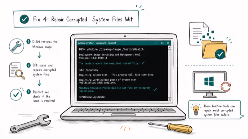 Hand-drawn illustration: Fix 4: Repair Corrupted System Files With DISM and SFC