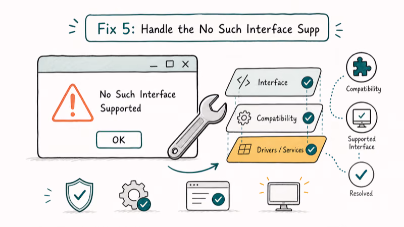 Hand-drawn illustration: Fix 5: Handle the No Such Interface Supported Message