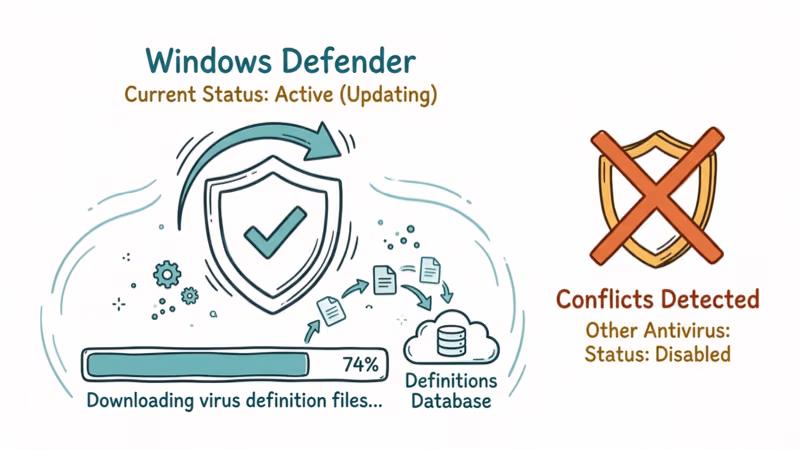 Hand-drawn illustration of Windows Defender shield being updated with conflicting antivirus crossed out