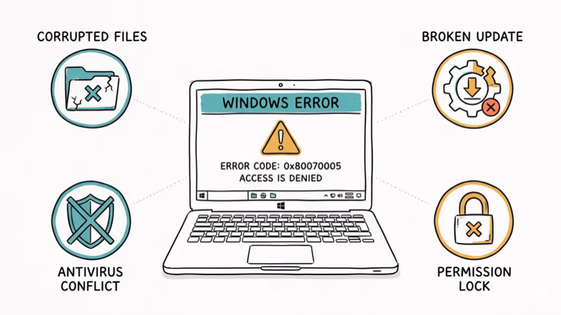 Windows laptop showing error code with four common cause icons around it
