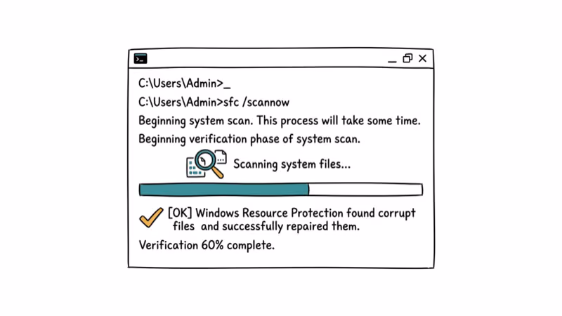 Command prompt window running SFC scan with progress bar and file repair icons
