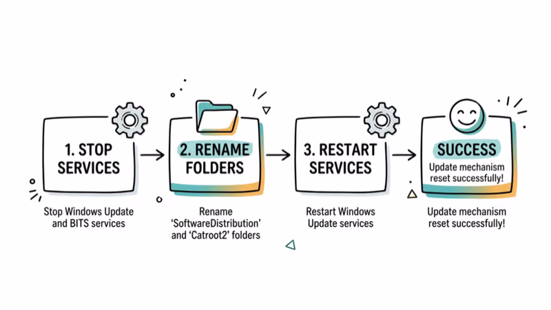 Flowchart showing Windows Update reset steps from stopping services to success