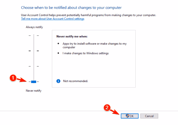 place the slider on "Never notify"