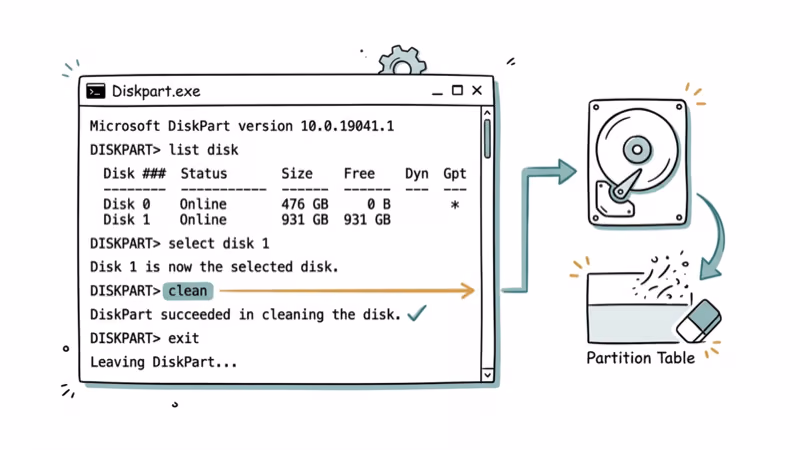Command prompt showing Diskpart clean command wiping a hard drive partition table