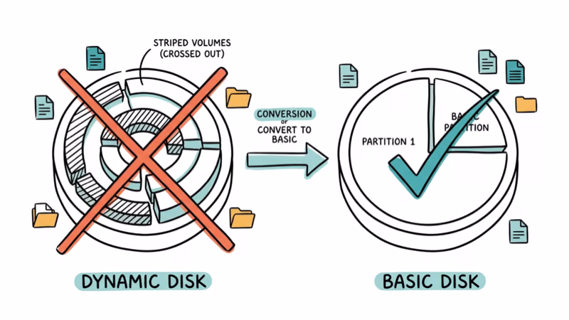 Side by side comparison of dynamic disk with complex volumes versus clean basic disk