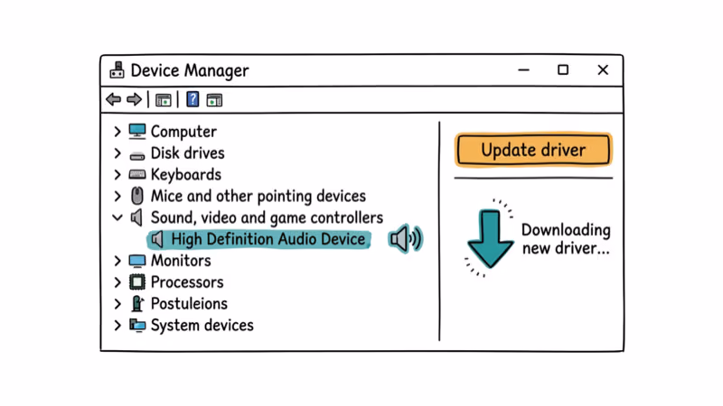 Device Manager showing audio controller with update driver option and download arrow