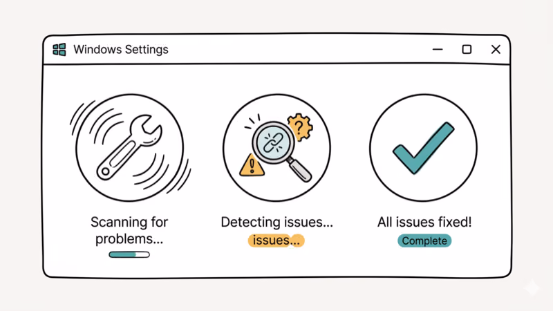 Windows Settings troubleshooter panel scanning for problems with wrench and checkmark icons