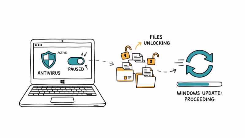 Antivirus shield icon being paused with toggle switch and files unlocking nearby