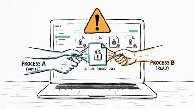 File icons with padlock symbols showing competing processes causing a locking conflict