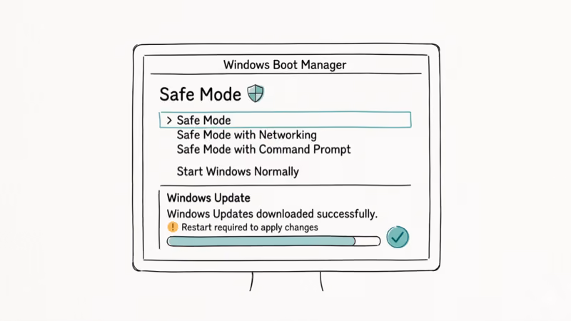 Windows Safe Mode boot screen with minimal icons and update downloading successfully