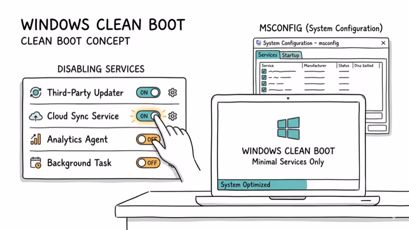 Windows clean boot concept with minimal services and programs disabled via toggle switches