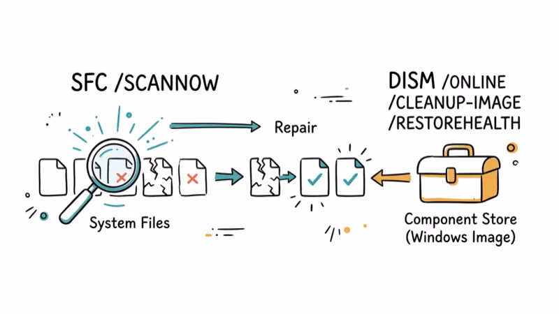 System file repair showing SFC scanning files with magnifying glass and replacing broken ones