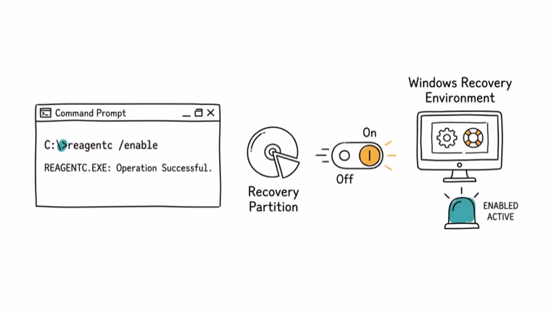 Command prompt showing reagentc enable with recovery partition activating via power switch
