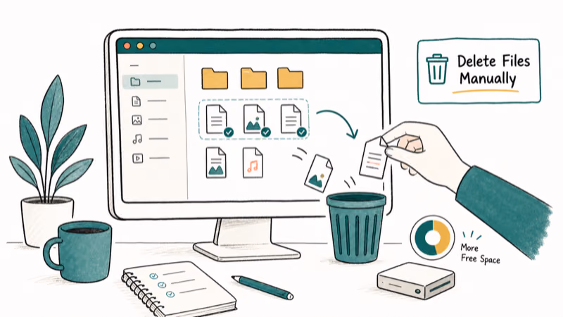Hand-drawn illustration: Delete Files Manually