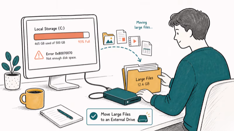 Hand-drawn illustration: Move Large Files to an External Drive