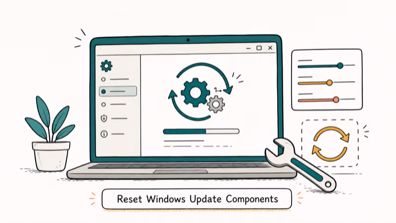 Hand-drawn illustration: Reset Windows Update Components