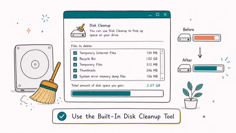 Hand-drawn illustration: Use the Built-In Disk Cleanup Tool