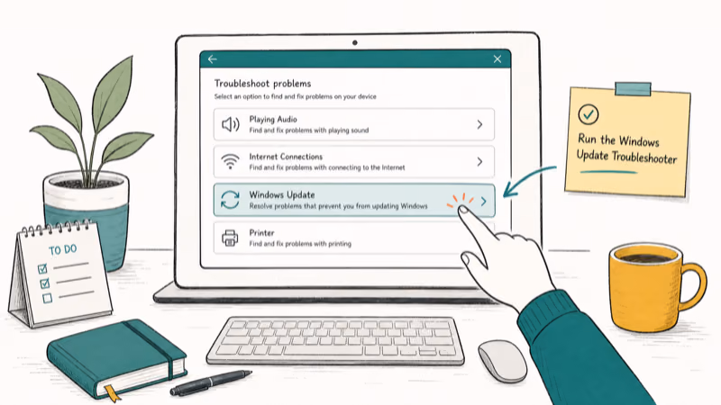 Hand-drawn illustration: Run the Windows Update Troubleshooter