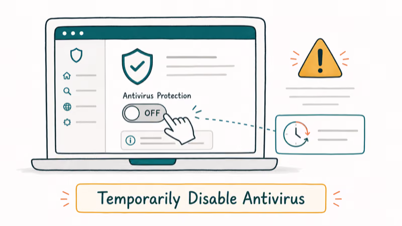Hand-drawn illustration: Temporarily Disable Antivirus