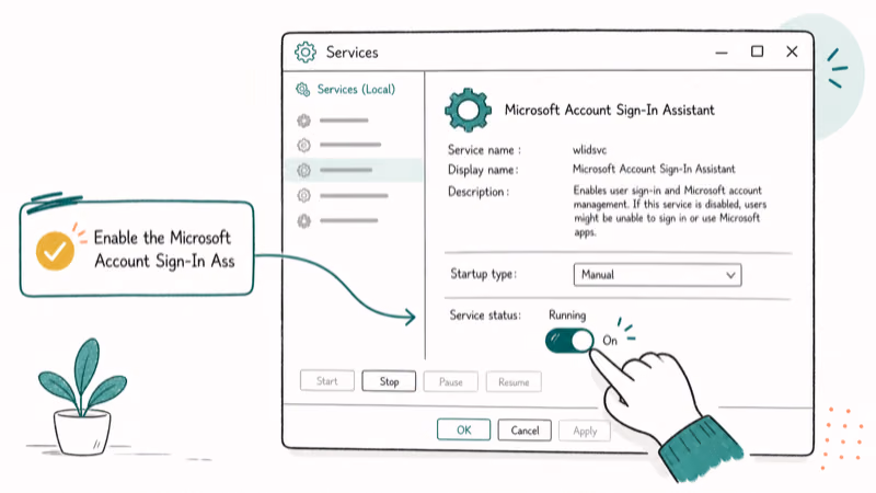 Hand-drawn illustration: Enable the Microsoft Account Sign-In Assistant