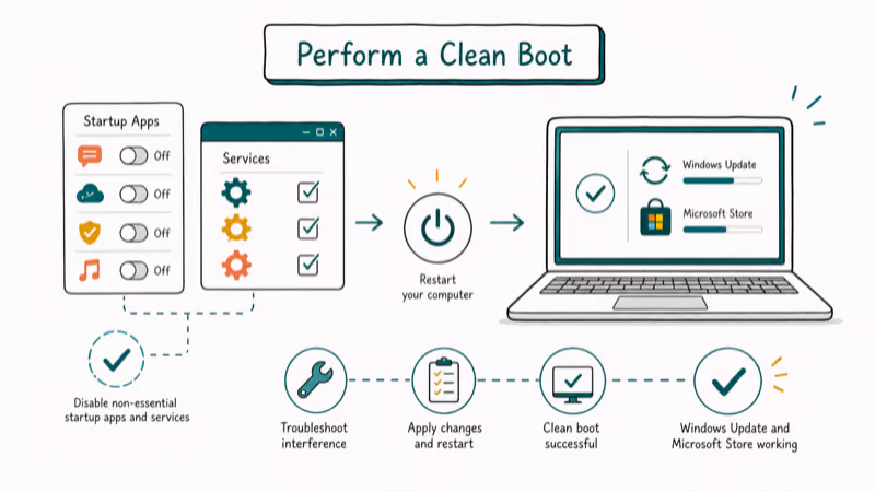 Hand-drawn illustration: Perform a Clean Boot